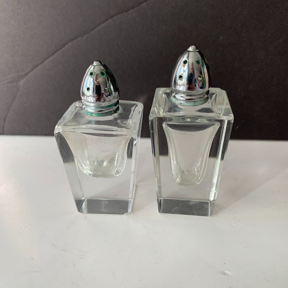 MCM GLASS SALT AND PEPPER SHAKERS CONICAL CHROME TOPS MID-CENTURY MADE IN WEST G